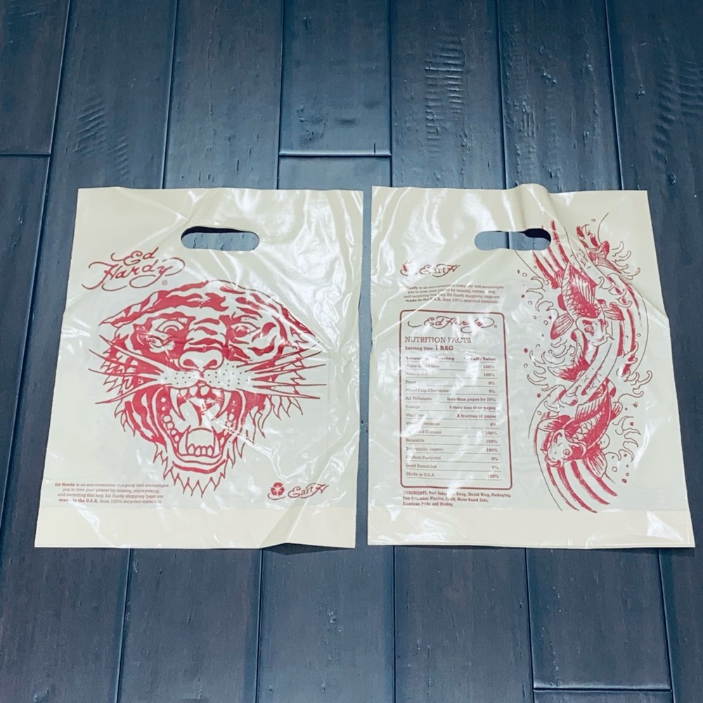 (2) Ed Hardy STORE Shopping Bags (Original) Tiger Fish Print Clothes Retail Lot
